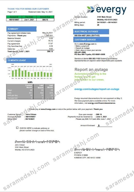 USA Missouri Evergy electricity utility bill template in .doc and .pdf format